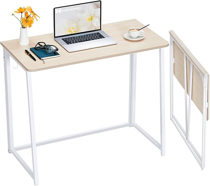 WOHOMO Folding Desk, Small Foldable Desk 31.5" for Small Spaces, Space Saving Computer Table Writing Workstation for Home Office, Easy Assembly, Oak