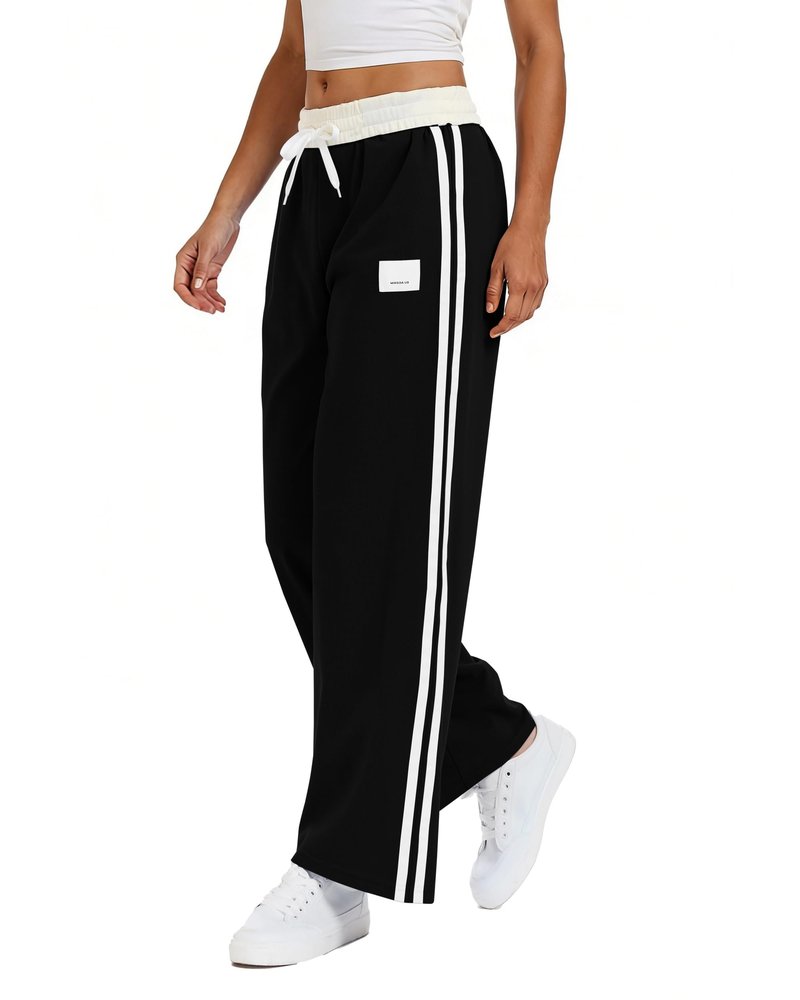 YIPINK Womens Track Pants Athletic Running Pants Sweatpants Straight Leg Cotton Fold-Over Sports Jogging Striped Loose Fit Black