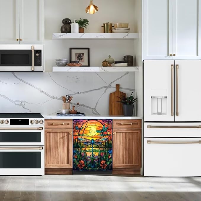 Dragonfly Dishwasher Cover for Home Appliance, Colorful Glass Art Vinyl Decal for Dish Washer Sticker, Spring Flowers Refrigerator Panel Door Cover, (23" x 26" Ordinary)