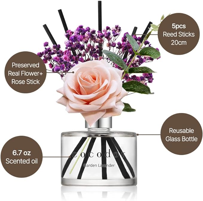 COCODOR Rose Reed Diffuser Set / 6.7oz / Garden Lavender/Scent Diffuser with Sticks Home Fragrance Reed Diffuser for Bathroom Shelf Decor for Women