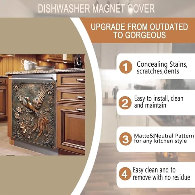 Metal Floral Bird Print Kitchen Decor Dishwasher Magnet Cover Decal, Magnetic Dish Washer Panel Door Vinyl Sticker, Refrigerator Magnets,Easy to Clean, 23 x 26 inch