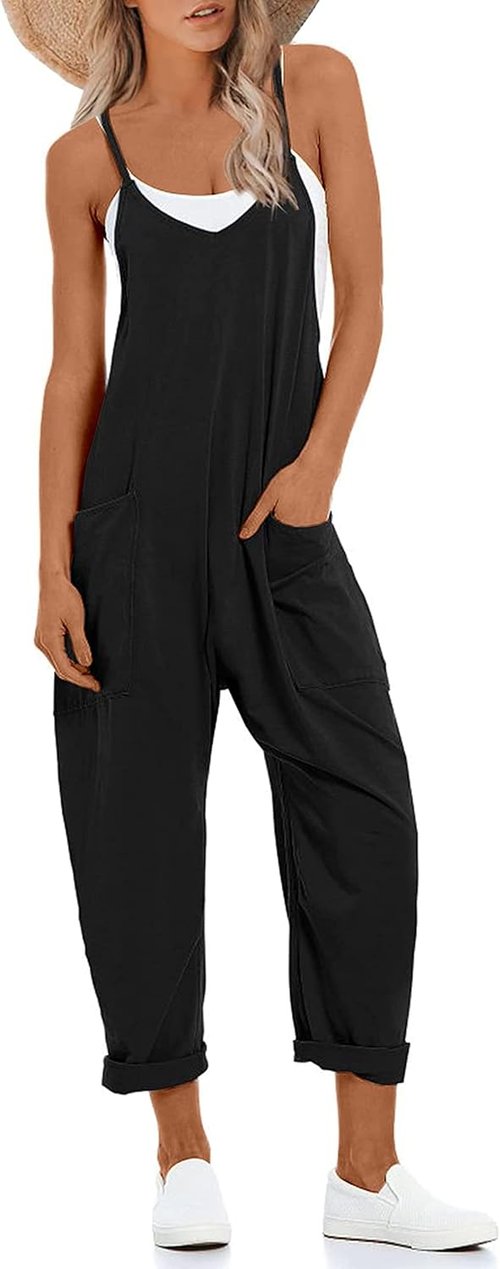 Lentta Women's Casual Jumpsuit - V Neck Sleeveless Harem Romper with Pockets | Stretchy Adjustable Straps