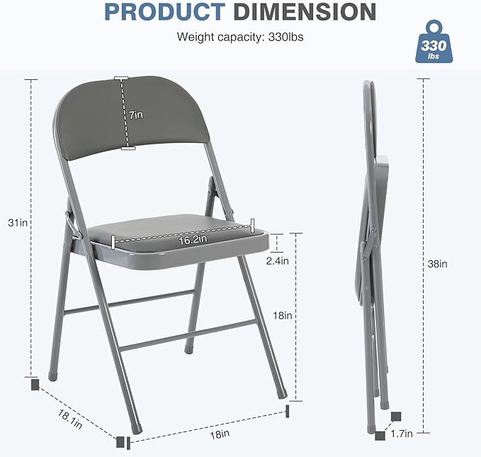 DUMOS 4 Pack Folding Chairs with Padded Cushion and Back - PU Leather Stackable Portable Dining Chairs Set, for Home and Office, Conference, Wedding, Party, Patio, Garden, for Indoor Outdoor, Grey