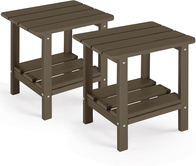 Set of 2 Adirondack Outdoor Side Table, 2-Tier Small Patio End Table, Weather Resistant HDPE Outdoor End Tables for Garden, Lawn, Pool, Beach, Porch, Deck, Backyard - Square, Dark Brown