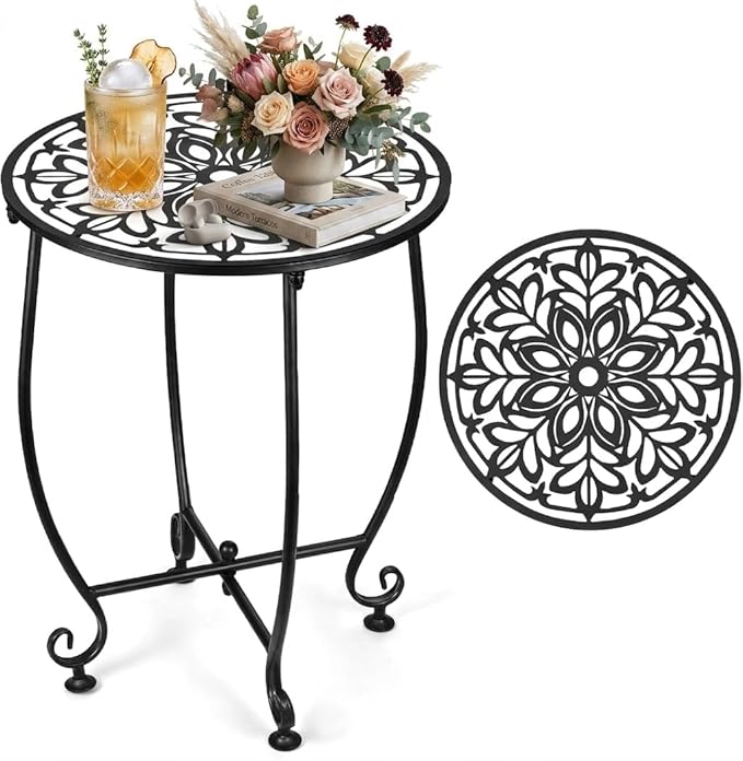14 Inch Outdoor Metal Side Table, Patio Side Table Weather Resistant Metal Side Table, Small Round Outdoor End Table Plant Stands Table Outside for Patio Yard Balcony Garden Black (Color5-Leaf)