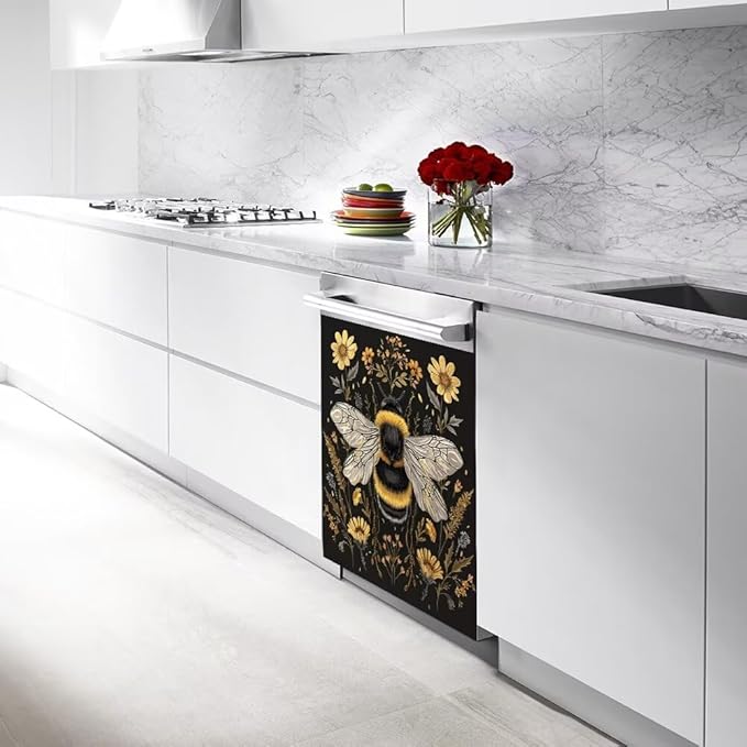 Flower and Bee Wallpaper Dishwasher Magnet Cover Sticekr - Kitchen Decorative Fridge Panel Decal - Kitchen Appliances Decorate Sticker - 23W x 17H inchs