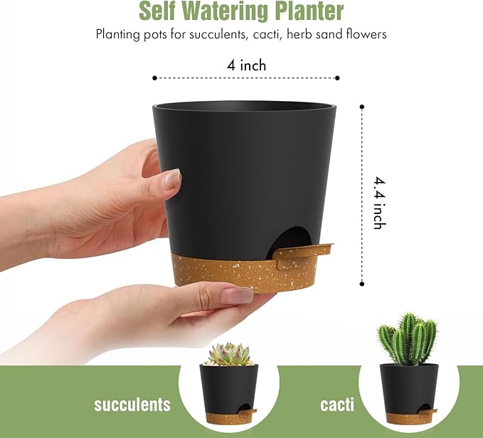 WSMKSZ 4 inch Self Watering Pots for Indoor Outdoor Plants, 6 Pack Plastic Flower Planters with Drainage Holes and Removable Saucers, Plant Pots with Wicking Rope, Modern Decor, Black Brown