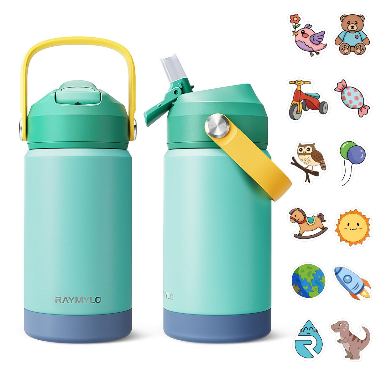 RAYMYLO Kids Water Bottle Stainless Steel Insulated, 12 oz Toddler Water Bottle for School Boys Girls, Toddler cups with Straw, Dishwasher Safe & BPA Free, Included DIY Stickers & Name Tag
