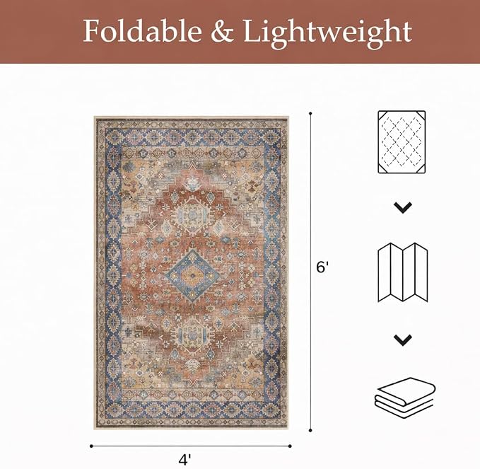 GENIMO Outdoor & Indoor Area Rug 4'x6', Waterproof, Non-Shedding, Easy Cleaning, Boho Mat for Patio, Living Room, Balcony, Dining Room, RV, Deck, Bedroom, Camping, Outside Carpet,Antique Red