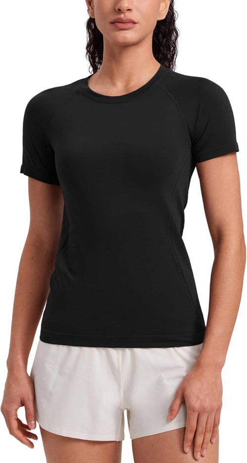 CRZ YOGA Workout Tops for Women - Breathable Seamless Short Sleeve Crewneck Tees in Hip Length