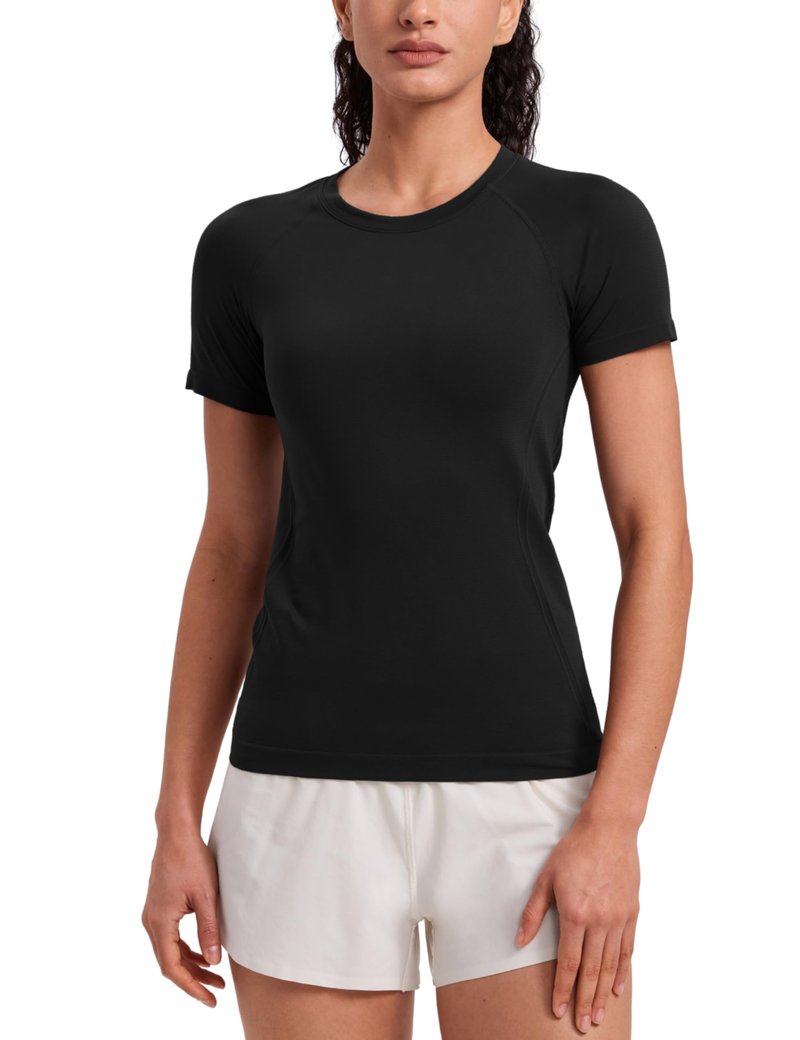 CRZ YOGA Seamless Workout Tops for Women Hip Length - Athletic Running Gym Yoga Short Sleeve Shirts Breathable Crewneck Tees Black X-Small
