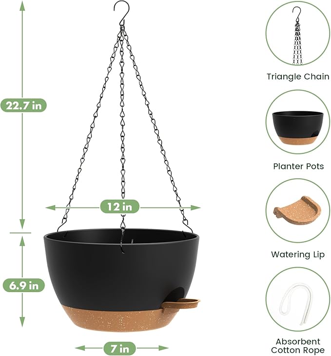 2 Pack 12 Hanging Flower Pots with Chains Self Watering Plastic Planters for Indoor Outdoor Plants, Sturdy Triangular Iron Chain Design for Garden PorchPlastic hanging flower pots(2, Black Brown)