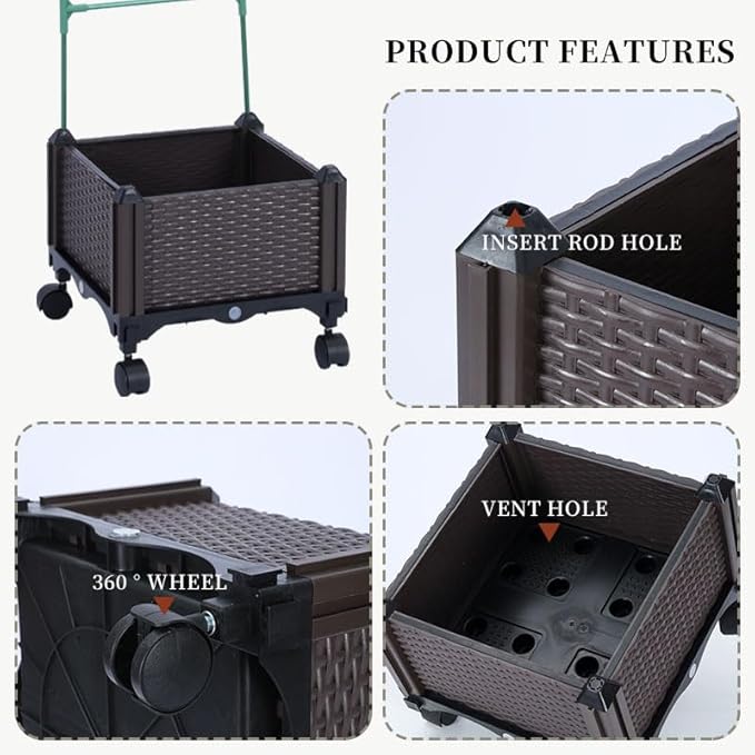 Sherbo Raised Garden Bed Planter Box on Wheels with Trellis, Rattan Style Raised Planter for Outdoor Plants, Compact Mobile Planter Box for Patio or Balcony