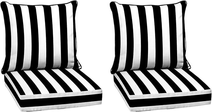 Arden Outdoor Deep Seat Cushion Set (2-Pack), 22 in x 24 in, Weather-Proof, Rain-Proof, Fade Resistant Patio Cushion for Chair, Sofa, and Couch Black Cabana Stripe