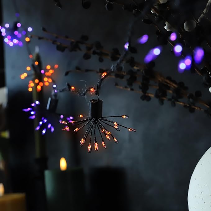 8 Clusters Firework Lights 10FT Battery Operated Orange and Purple Fairy Lights with Remote 200LED Decorative Fall Lights for Indoor Outdoor Garden Halloween Decorations