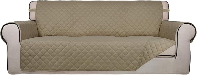 PureFit Reversible Quilted Sofa Cover, Water Resistant Slipcover Furniture Protector, Washable Couch Cover with Non Slip and Elastic Straps for Kids, Pets (Oversized Sofa, Beige/Beige)