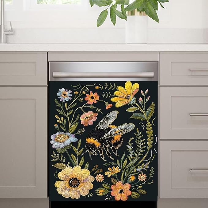 Flower and Bee Painting Dishwasher Magnet Cover Sticker,Refrigerator Magnet Cover Decal Fridge Magnetic Stickers Home Kitchen Decor,23W x 26H inchs