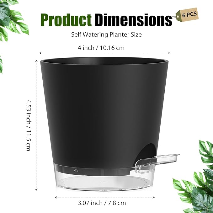 Plant Pots 4 Inch Self Watering Pots,6 Pack Plastic Planters with Drainage Holes and Clear Saucers,Plastic Flower Pots,Nursery Planting Pot for Indoor Out Door Plants (Black, 4 inch)