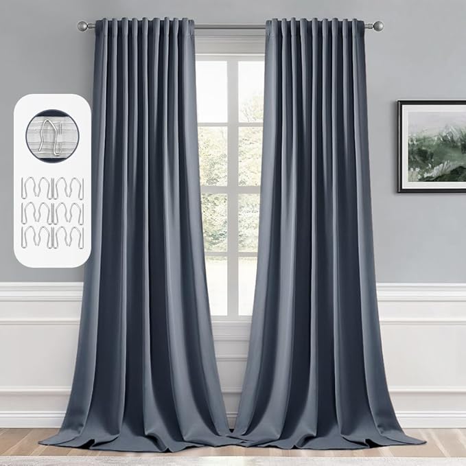 MIULEE Stone Blue Back Tab Blackout Curtains 108 Inch Long 2 Panels Set