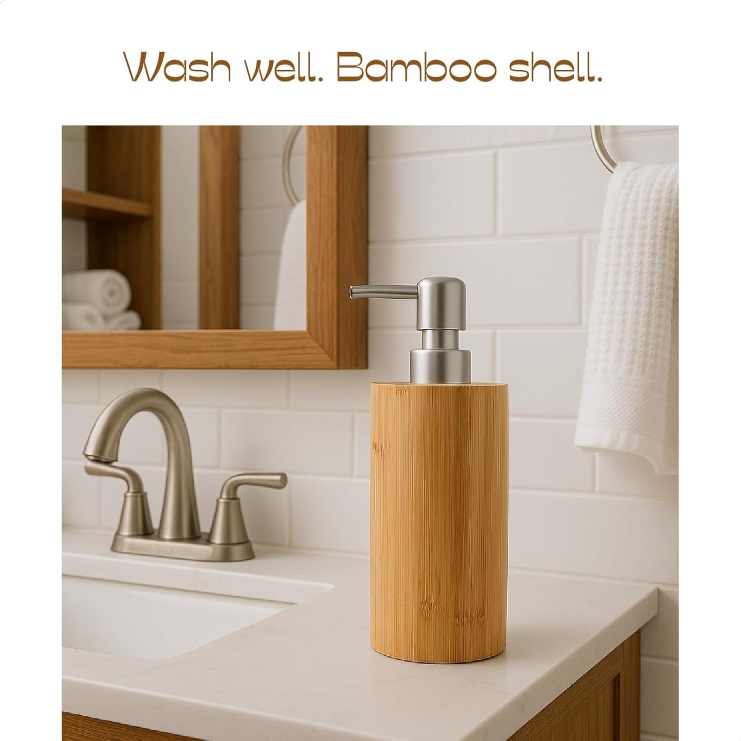 2 Pack Natural Bamboo Liquid Soap Dispensers, 10 oz Refillable Bottles with Silver Plastic Pumps for Bathroom or Kitchen Countertop