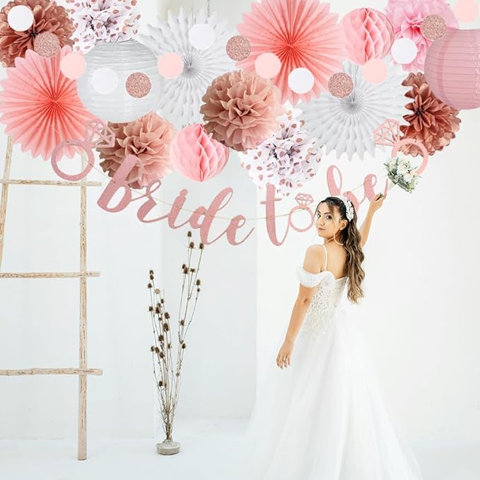 Pink Bridal Shower Decorations Rose Gold Bachelorette Party Decorations Rose Gold Bride To Be Banner Pink White Dusty Rose Paper Pom Poms Wedding Shower Engagement Party Decor