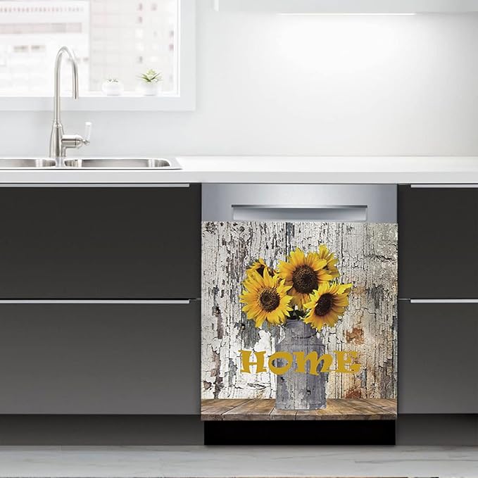 Farmhouse Vintage Dishwasher Magnet Cover Decorative,Painting Sunflower Dishwasher Cover For The Front,Dishwasher Magnetic Sticker Fridge Decal Refrigetor Magnets Appliance Cover 23"x26"