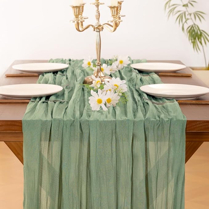 Socomi Sage Green Cheesecloth Table Runner Fall Thanksgiving Boho Rustic Farmhouse Gauze 120 inch 10FT Cheese Cloth Runner for Wedding Party Baby Shower Birthday Home Decor Holiday Decorations
