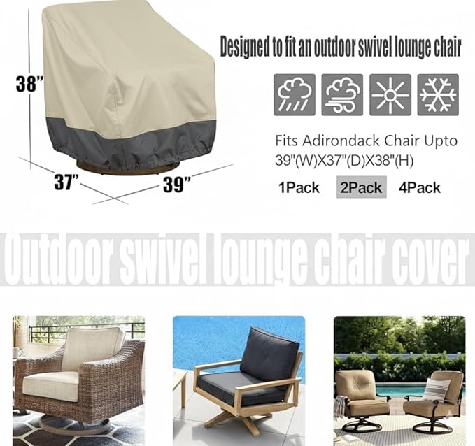 2 Pack Heavy Duty Patio Chair Covers - Rip-Resistant 600D Oxford Fabric - 8000mm Waterproof UV-Resistant Outdoor Furniture Covers for Adirondack, Rocking, and Swivel Chairs, 39"W x 37"D x 38"H