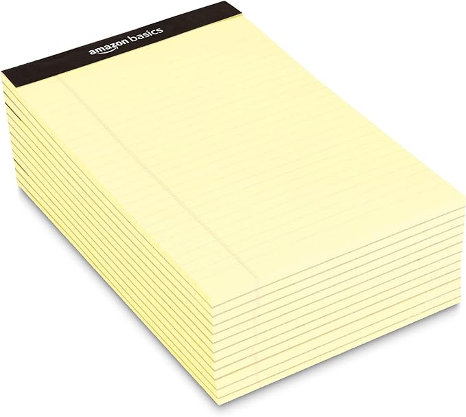 Amazon Basics 50-Sheet Narrow Ruled Lined Writing Note Pad, 5" x 8", 12-Pack, Canary, Perforated
