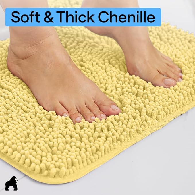 GORILLA GRIP Bath Rug Mat 30x20, Thick Soft Absorbent Chenille, Quick Dry Microfiber Mats, Rubber Backing Washable Shower Floor Rugs, US Designed Bathroom Bathmat Home Decor Accessories, Yellow