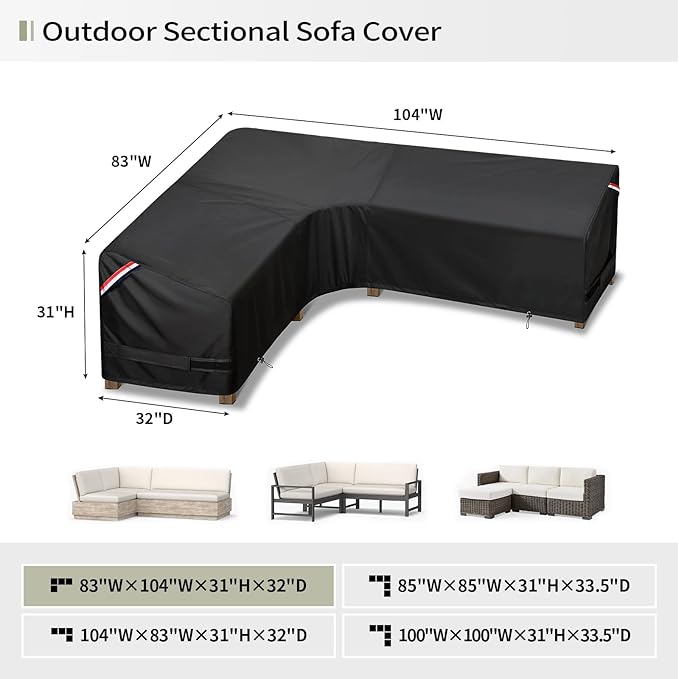 KylinLucky Outdoor Patio Furniture Cover fit 83 x 104 inch, 82 x 102, 81 x 100 L-Shaped Sectional Sofa, Waterproof Weatherproof Heavy Duty 600D Garden Cover for Outside L Shape Couch