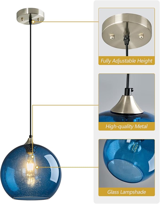Blue Glass Pendant Lights Kitchen Island Lighting Globe Pendant Light Fixtures Modern Pendant Lighting for Kitchen Island Bedroom Living Dining Room Light Fixture(9.84in, 3-Pack)