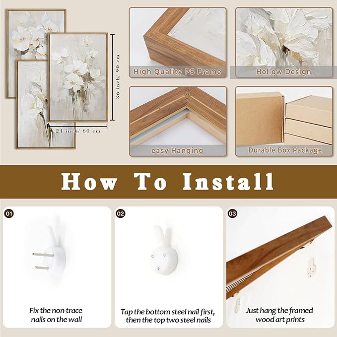 Anyzal Extra Large Beige Floral Framed Wall Art 24x36 Inch Neutral White Flower Canvas Wall Art Farmhouse Wildflower botanical Artwork for Living Room Bedroom Dining Room Set of 3