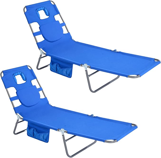 SUNNYFEEL Lay Flat Tanning Chair 2 Pack with Face Down Hole & Arm Slots, Beach Lounge Chair, 5-Position Folding Sunbathing Chair, 300 LBS Heavy Duty, 72" L x 22" W for Beach, Pool, Camping