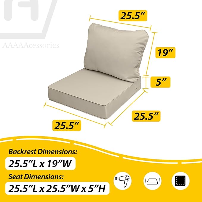 AAAAAcessories Outdoor Seat Cushions for Chairs, Fade-Resistant, Waterproof Patio Furniture Replacement Cushions, 25.5" x 25.5" x 5" + 25.5" x 19", Beige