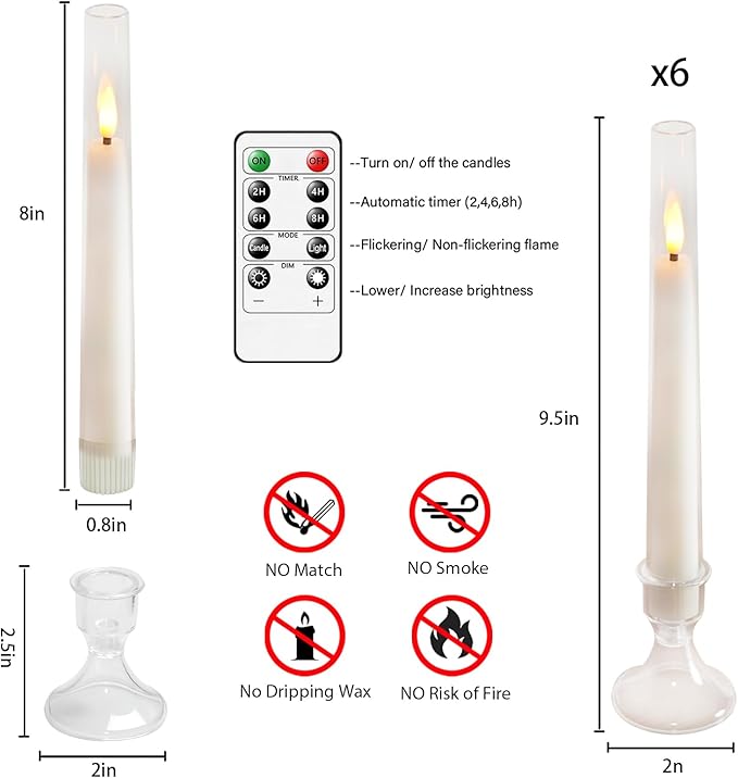 Lezonic Flameless Windows Candles Battery Operated with Timer Remote, 6Pcs White Acrylic Flameless Candlesticks with Holders, LED Taper Candles Flickering for Halloween Christmas, 0.8 x 8 inches