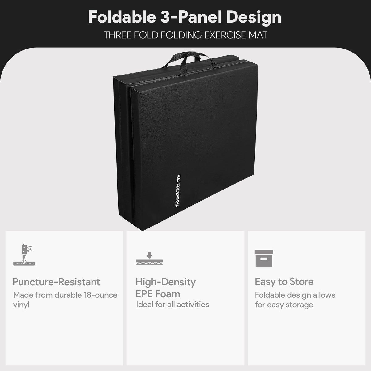 Signature Fitness Three Fold Folding Exercise Mat with Carrying Handles for MMA, Gymnastics and Home Gym Protective Flooring, 1.5-Inch Thick, Black
