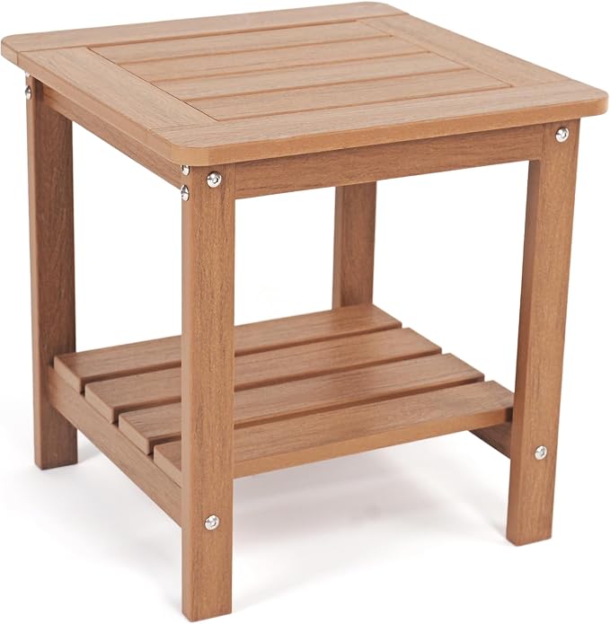 Kibaso-Adirondack Outdoor Side Table, 2-Tier HDPE Outdoor End Table, Weather Resistant Easy Maintenance, Small Patio Side Table for Patio, Pool, Porch, Garden, Lawn, and Living Room (1, Rustic Teak)