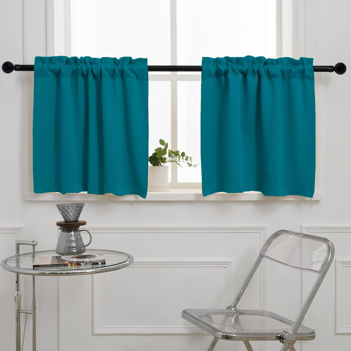 Pickluc Teal Cafe Curtain - Half Window, 24x30 Inches, 2 Panels, Rod Pocket, Blackout