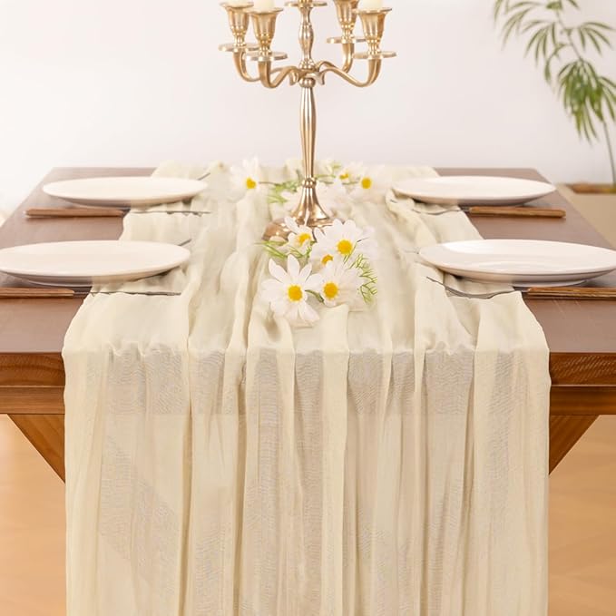 Socomi 10pcs Beige Fall Thanksgiving Cheesecloth Table Runner Boho Rustic Gauze 120 inch 10FT Cheese Cloth Runner for Wedding Party Baby Shower Birthday Home Decor Holiday Decorations