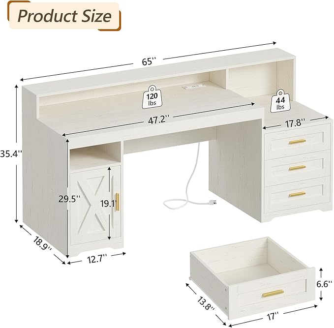 TVU Farmhouse Computer Desk with Drawers, 65'' Home Office Desk with Power Outlets, Storage Cabinet and Printer Stand, Study Writing Desks with Long Monitor Stand, White