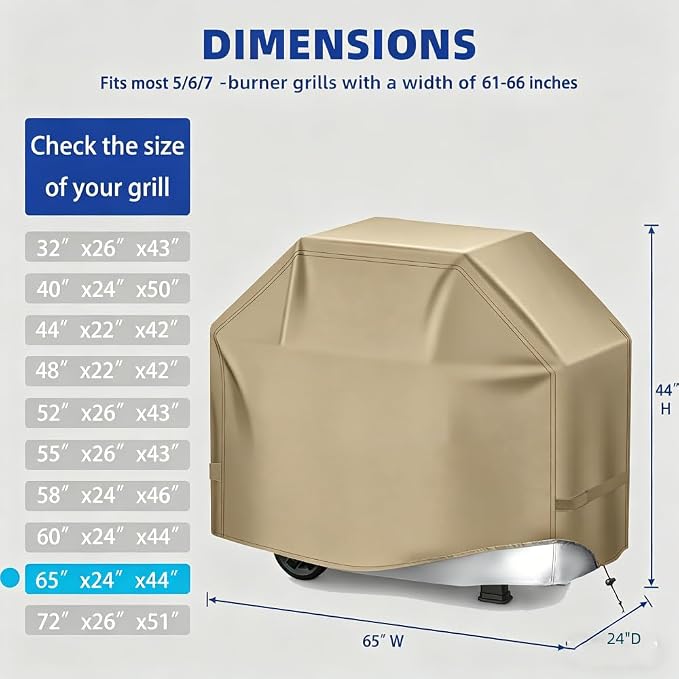 BBQ Gas Grill Cover for Outdoor, Anti-UV, Rip-Proof, 600D Oxford Fade Resistant Material, Barbecue Cover with Hook and Loop Straps & Adjustable Hem Drawstring (Beige, 65”x24”x44”)