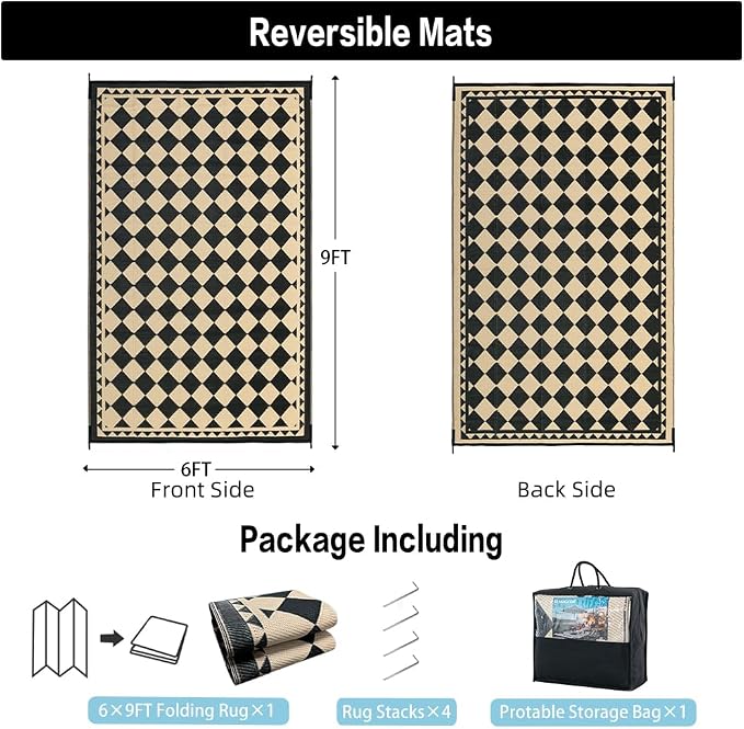 HUGEAR Outdoor Rug for Patios Clearance,Waterproof Mat,Large Outside Carpet,Reversible Plastic Straw Camping Rugs,Rv,Porch,Deck,Camper,Balcony,Backyard (6x9,Checkered/Black&Beige)