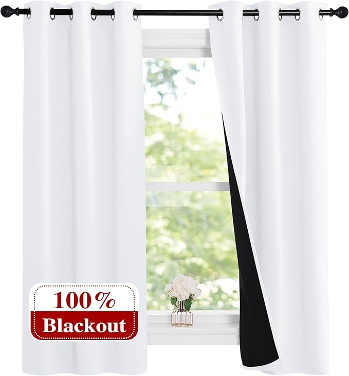 NICETOWN Pure White 100% Blackout Lined Curtains, 1 Pair, 2 Thick Layers Narrow