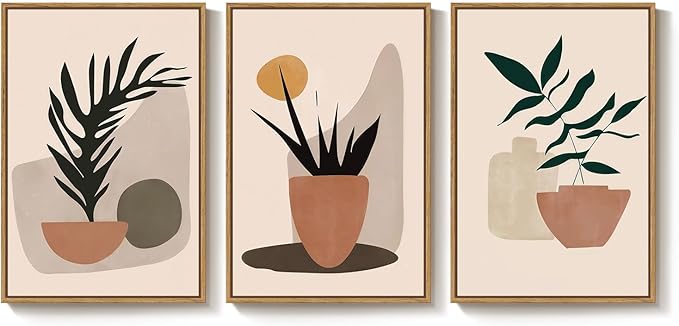 Framed Boho Botanical Canvas Wall Art Prints, Elegant Boho Plant Pictures