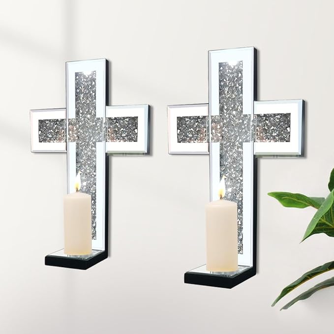 Aeveco Crystal Crush Diamond Mirrored Candle Sconces, Wall Decoration