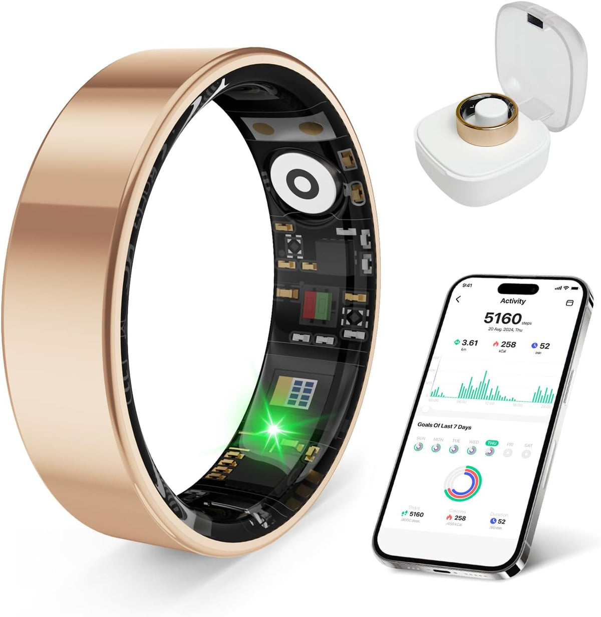 Smart Health Ring - Waterproof Fitness Tracker with Stress & Sleep Monitoring | Compatible with iOS & Android (Rose Gold, Size 11)