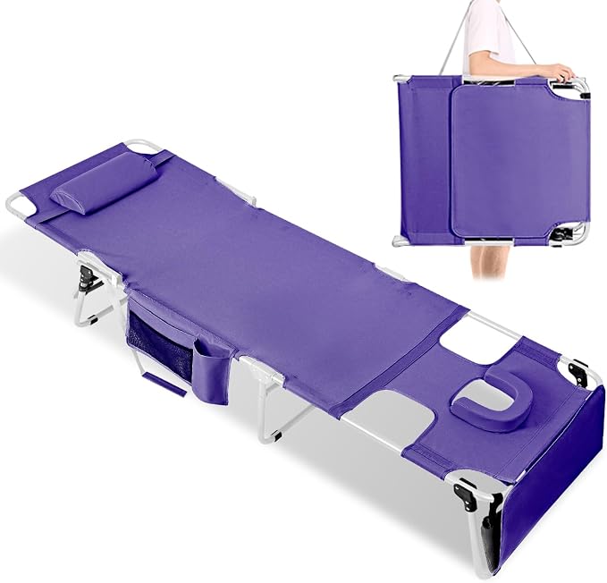 Tanning Chair with Face Hole, Adjustable Folding Chaise Lounge Chairs for Outside with Detachable Pillow & Pocket，Portable flat beach chairs for sunbathing, beach lawns camping (Purple, Oversized)