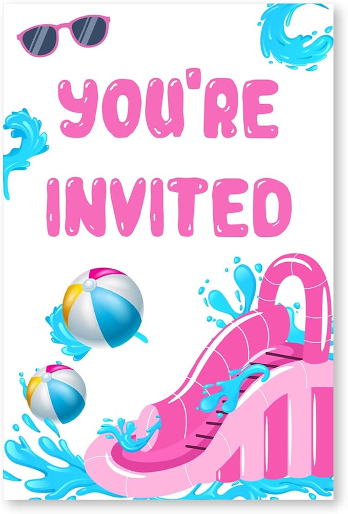 Splish Splash Water Slide Bash Party Invitations with Envelopes Set of 20 Summer Pink Waterslide Theme Birthday Party Invites Fill in Blank