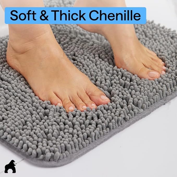 GORILLA GRIP Bath Rug Mat 36x24, Thick Soft Absorbent Chenille, Quick Dry Microfiber Mats, Rubber Backing Washable Shower Floor Rugs, Bathmat Runner, US Designed Bathroom Home Decor Accessories Grey